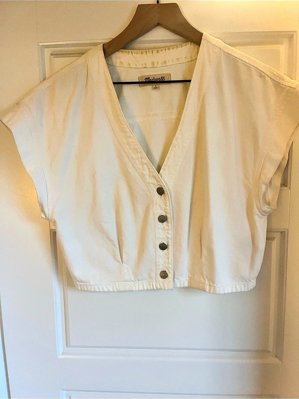 Madewell Denim Cap-Sleeve Crop Top in Tile White Size 6